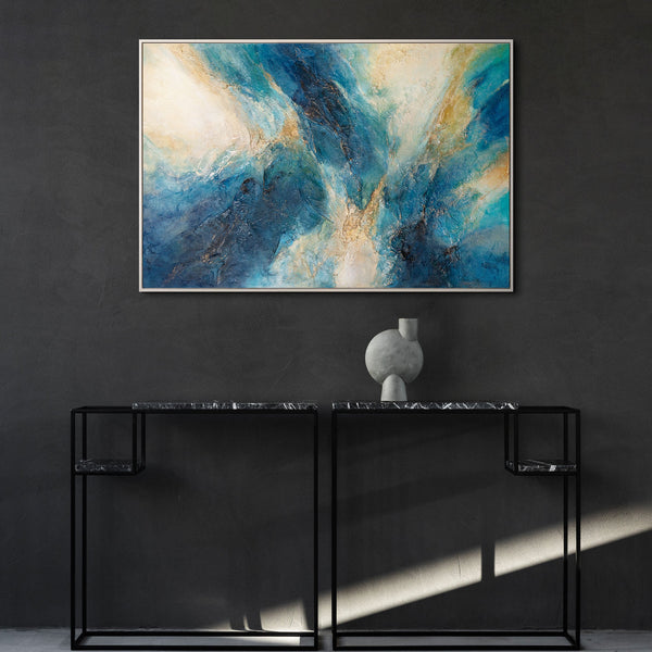 „Strahlung der Wellen“ — Abstraktes Acrylbild auf Leinwand in Blautönen