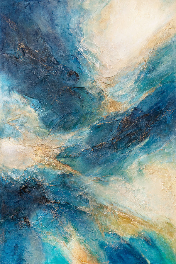 „Strahlung der Wellen“ — Abstraktes Acrylbild auf Leinwand in Blautönen