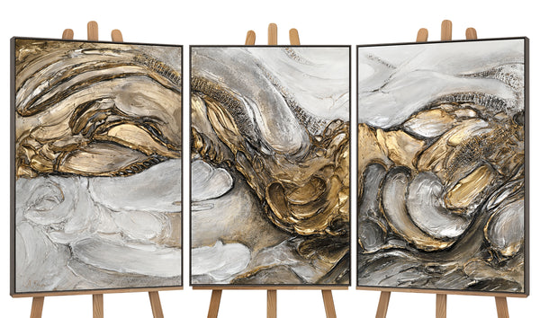 Gemälde "Tsunami" abstraktes Triptychon in Gold- und Silbertönen