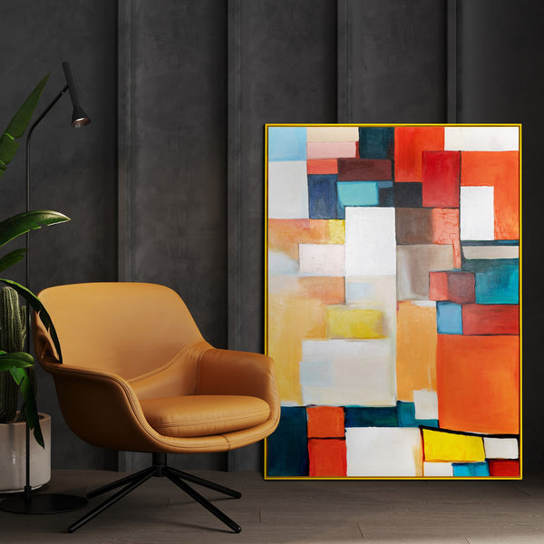 Das Gemälde "Urbaner Rhythmus" ist eine geometrische Abstraktion in einer hellen Palette