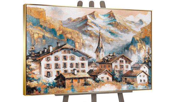 Gemälde „Sonniger Gipfel“ ein Bergdorf mit Blick auf die Alpen