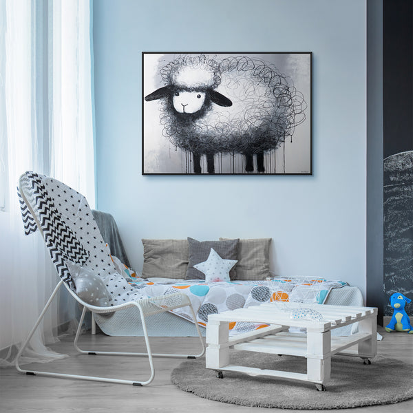 Gemälde „Unbeschwertes Schaf“ – verspieltes Motiv im minimalistischen Stil