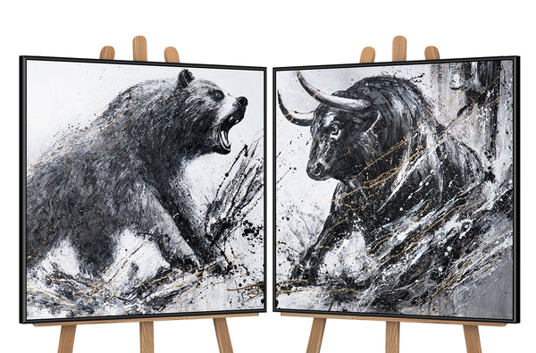 Diptychon „Wilder Impuls“ – ausdrucksstarker Kampf zwischen Bär und Stier