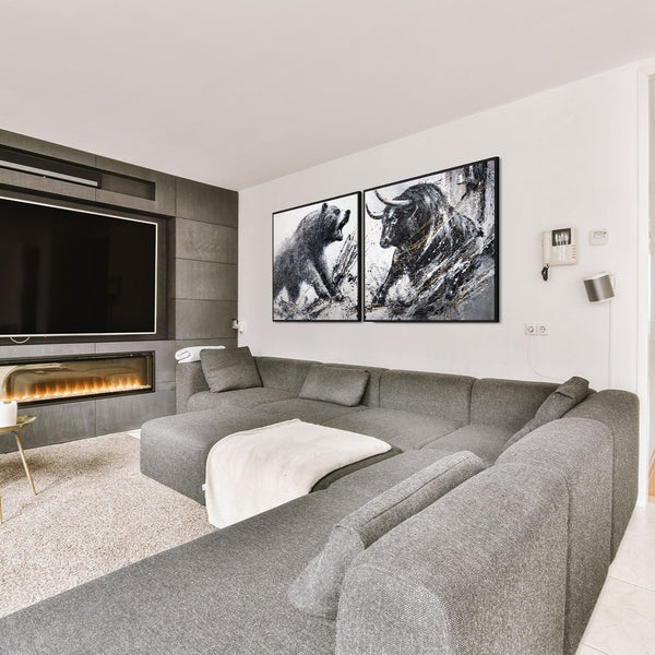 Diptychon „Wilder Impuls“ – ausdrucksstarker Kampf zwischen Bär und Stier