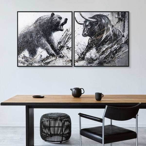 Diptychon „Wilder Impuls“ – ausdrucksstarker Kampf zwischen Bär und Stier