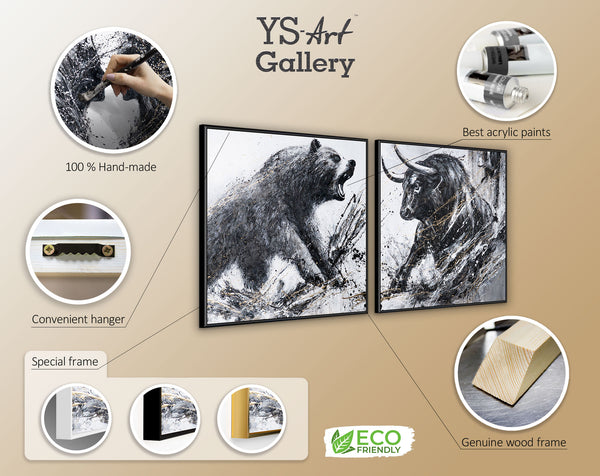 Diptychon „Wilder Impuls“ – ausdrucksstarker Kampf zwischen Bär und Stier