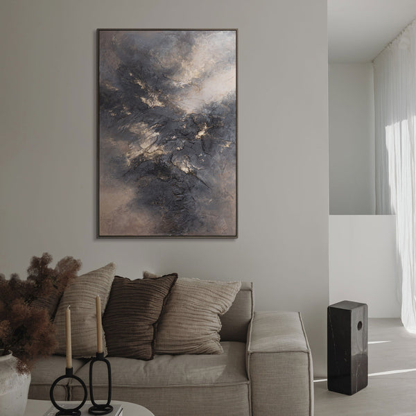 Strukturierte Abstraktion in Grau-Gold – modernes Acrylgemälde