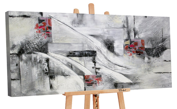 Gemälde "Abstraktion VII" schwarz-weiße Geometrie mit rotem Akzent