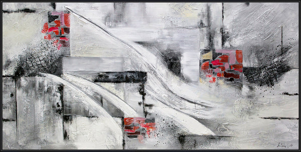 Gemälde "Abstraktion VII" schwarz-weiße Geometrie mit rotem Akzent