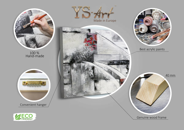 Gemälde "Abstraktion VII" schwarz-weiße Geometrie mit rotem Akzent