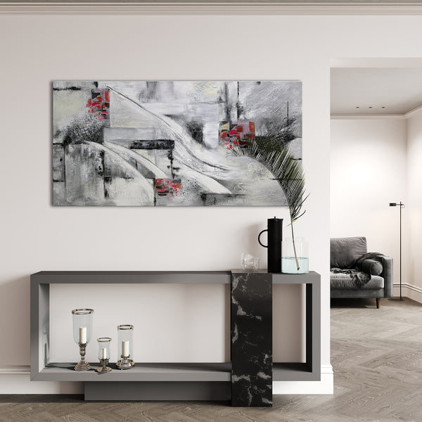 Gemälde "Abstraktion VII" schwarz-weiße Geometrie mit rotem Akzent