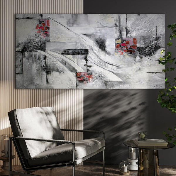 Gemälde "Abstraktion VII" schwarz-weiße Geometrie mit rotem Akzent