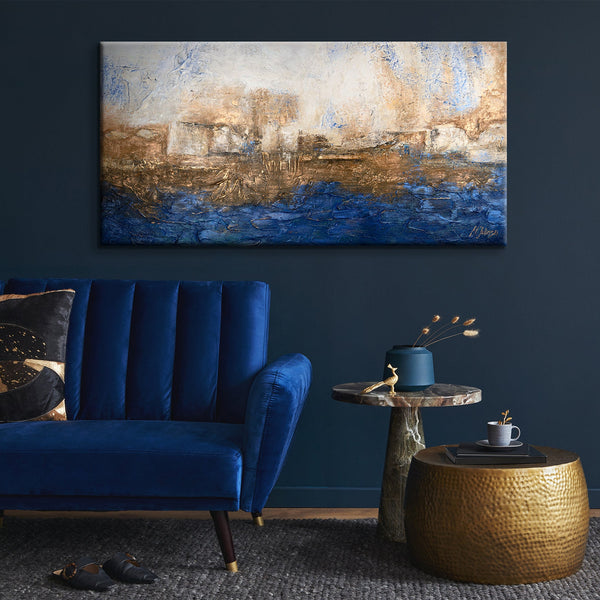 Gemälde "Ultramarin" abstraktes Motiv in einer blau-goldenen Palette