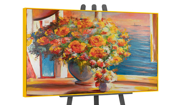Gemälde „Blumen über dem Meer“ impressionistisches Stillleben mit Sonnenuntergangslicht