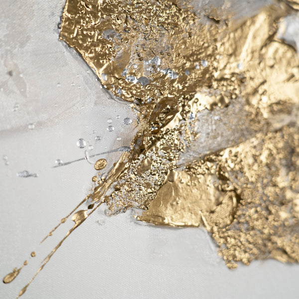 Gemälde „Mineralien des Lichts“ Abstraktion mit Gold- und Silbertexturen.