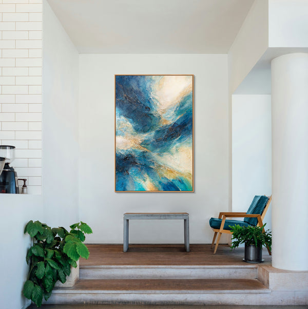 „Strahlung der Wellen“ — Abstraktes Acrylbild auf Leinwand in Blautönen
