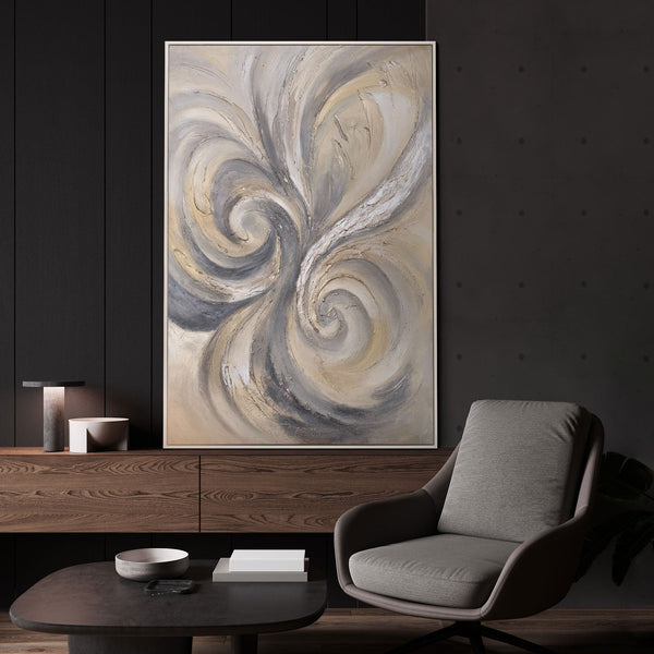 Das Gemälde „Sand und Wolken“ – helle abstrakte Wirbel auf der Leinwand