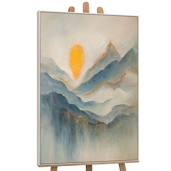 Das Gemälde „Morgendämmerung in den Wolken“ – Sonnenaufgang über den Berggipfeln in Blau- und Goldtönen