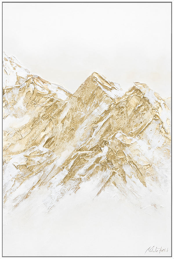 Gemälde „Licht über den Bergen“ abstrakte Berglandschaft mit goldenen Textur