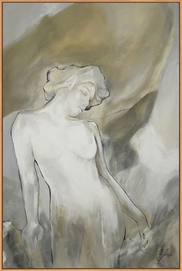 Gemälde „Ein Moment der Konzentration“ figurative Abstraktion in sanften Tönen