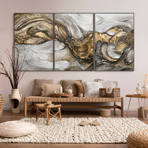 Gemälde "Tsunami" abstraktes Triptychon in Gold- und Silbertönen