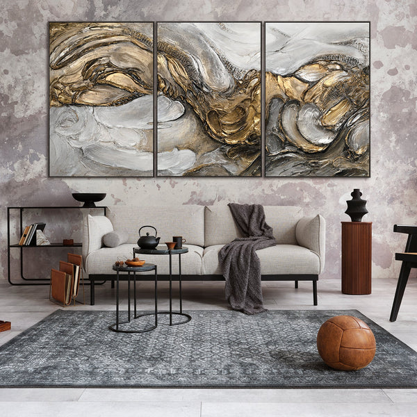 Gemälde "Tsunami" abstraktes Triptychon in Gold- und Silbertönen