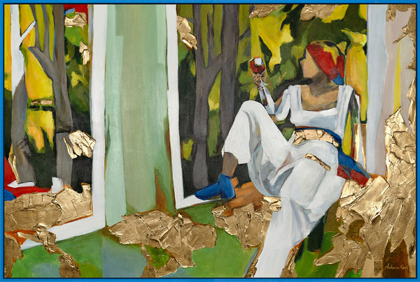 Gemälde "Fenster zum Frieden" figurative Abstraktion mit goldenen Akzenten