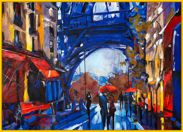 Gemälde "Romantischer Abend" urbane Abstraktion in einer blau-roten Palette