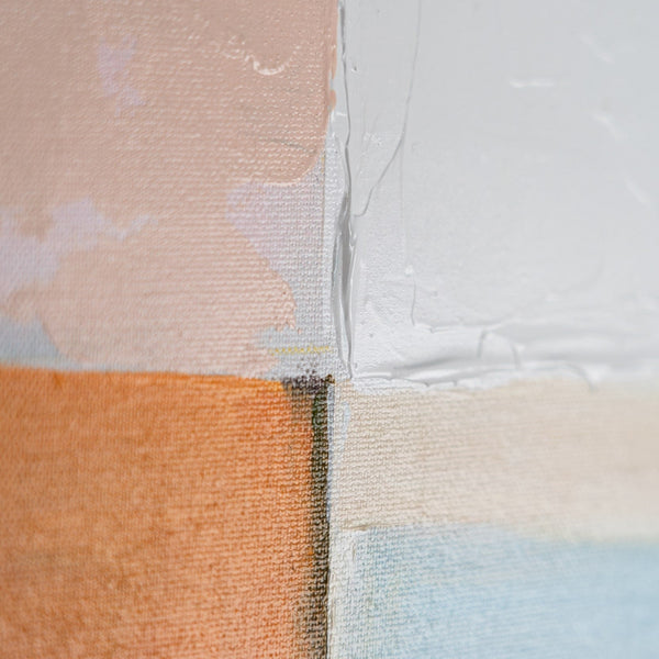 Das Gemälde "Urbaner Rhythmus" ist eine geometrische Abstraktion in einer hellen Palette