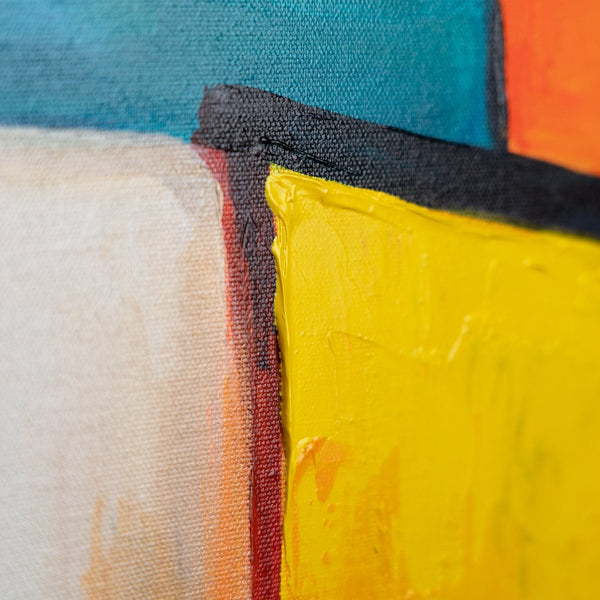 Das Gemälde "Urbaner Rhythmus" ist eine geometrische Abstraktion in einer hellen Palette