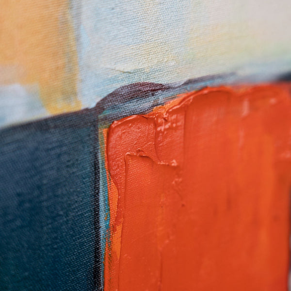 Das Gemälde "Urbaner Rhythmus" ist eine geometrische Abstraktion in einer hellen Palette