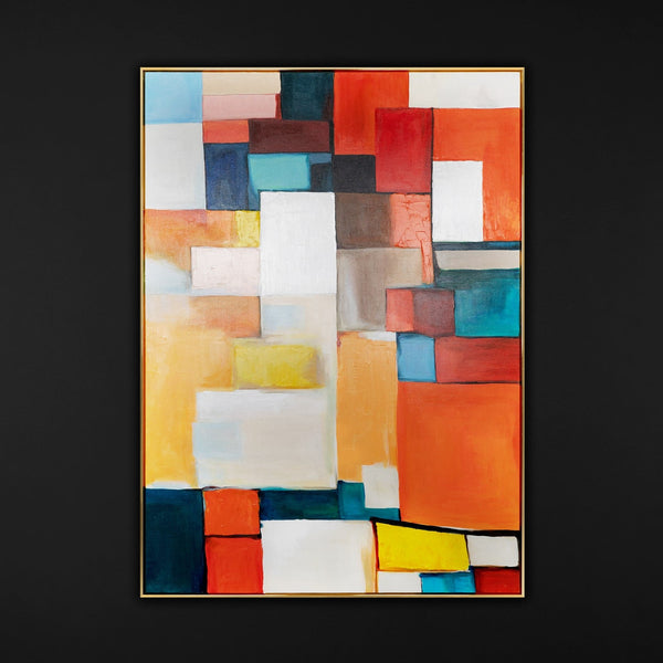Das Gemälde "Urbaner Rhythmus" ist eine geometrische Abstraktion in einer hellen Palette