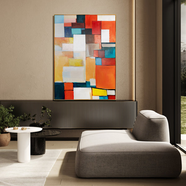 Das Gemälde "Urbaner Rhythmus" ist eine geometrische Abstraktion in einer hellen Palette