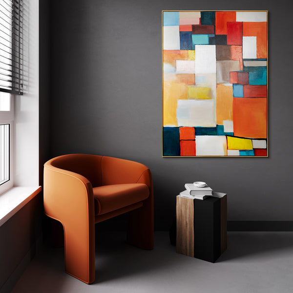 Das Gemälde "Urbaner Rhythmus" ist eine geometrische Abstraktion in einer hellen Palette
