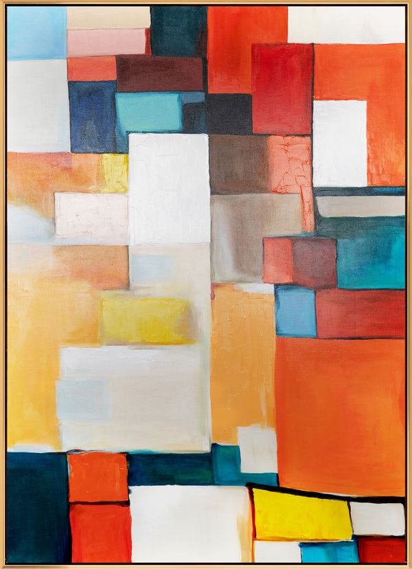 Das Gemälde "Urbaner Rhythmus" ist eine geometrische Abstraktion in einer hellen Palette
