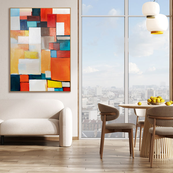 Das Gemälde "Urbaner Rhythmus" ist eine geometrische Abstraktion in einer hellen Palette
