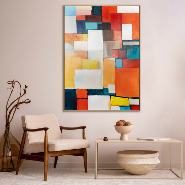 Das Gemälde "Urbaner Rhythmus" ist eine geometrische Abstraktion in einer hellen Palette