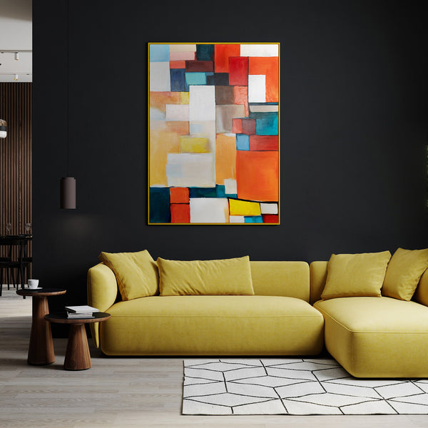 Das Gemälde "Urbaner Rhythmus" ist eine geometrische Abstraktion in einer hellen Palette