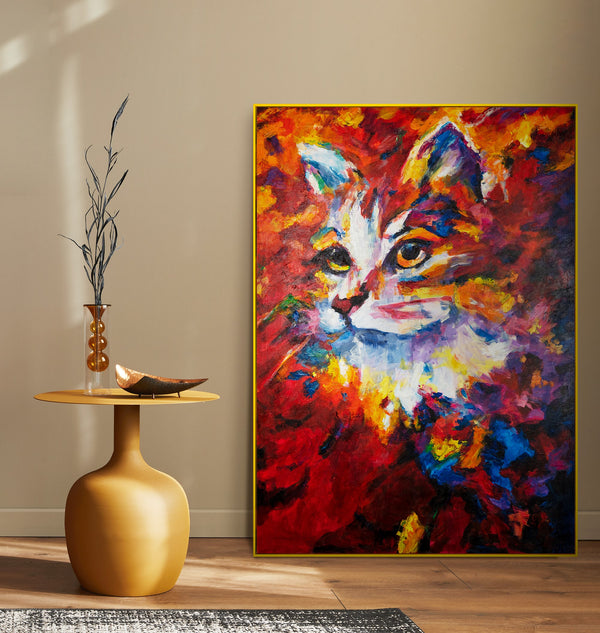 Gemälde "Feuriger Blick" emotionales Porträt einer Katze in einer ausdrucksstarken Palette