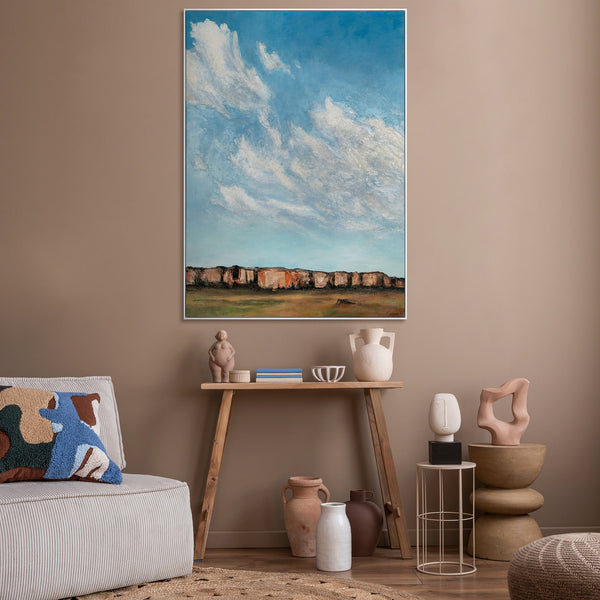 Gemälde "Unter den Wolken" lyrische Landschaft mit Schwerpunkt auf dem Himmel
