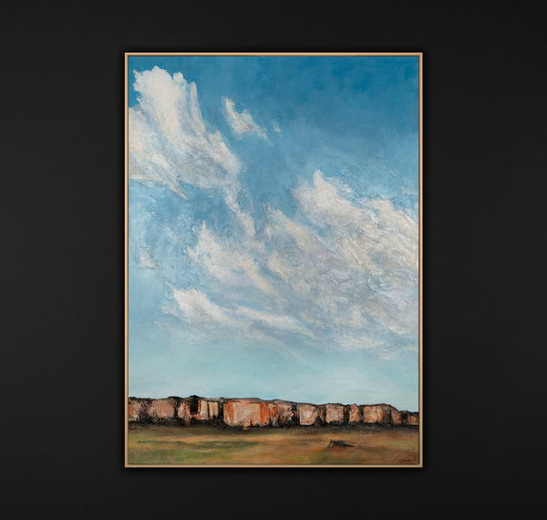 Gemälde "Unter den Wolken" lyrische Landschaft mit Schwerpunkt auf dem Himmel