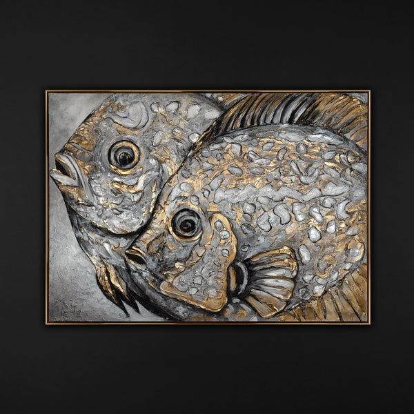 Gemälde „Paar in der Tiefe“ Relief-Tierabstraktion in Silber- und Goldtönen.