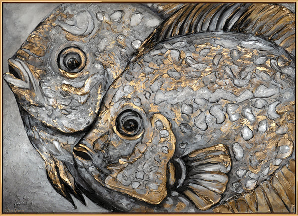 Gemälde „Paar in der Tiefe“ Relief-Tierabstraktion in Silber- und Goldtönen.