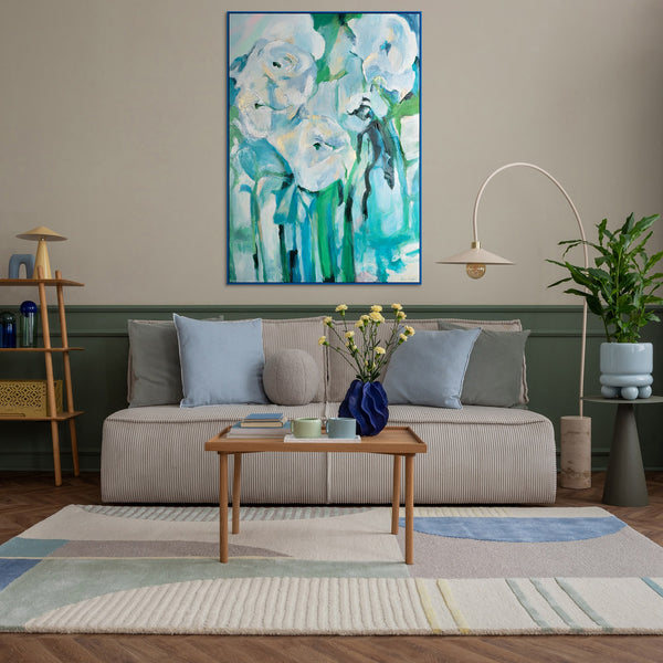 Gemälde „Weiße Blumen in türkisfarbenem Licht“ impressionistische Floristik in einer kalten Farbpalette