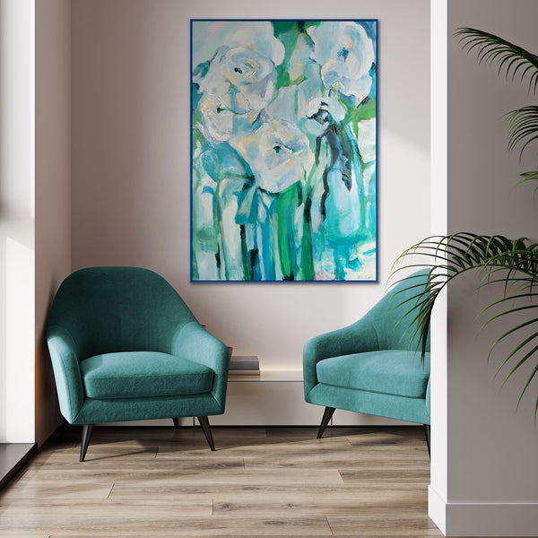 Gemälde „Weiße Blumen in türkisfarbenem Licht“ impressionistische Floristik in einer kalten Farbpalette