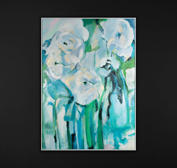 Gemälde „Weiße Blumen in türkisfarbenem Licht“ impressionistische Floristik in einer kalten Farbpalette