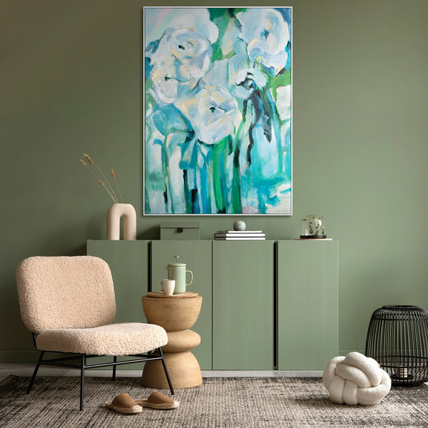 Gemälde „Weiße Blumen in türkisfarbenem Licht“ impressionistische Floristik in einer kalten Farbpalette