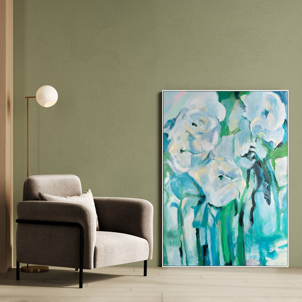 Gemälde „Weiße Blumen in türkisfarbenem Licht“ impressionistische Floristik in einer kalten Farbpalette