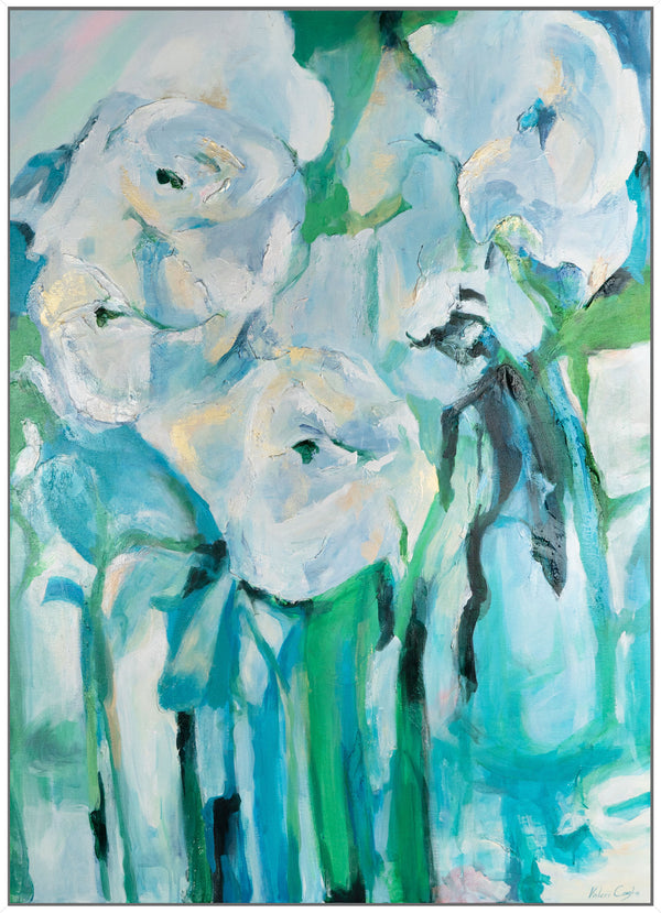 Gemälde „Weiße Blumen in türkisfarbenem Licht“ impressionistische Floristik in einer kalten Farbpalette