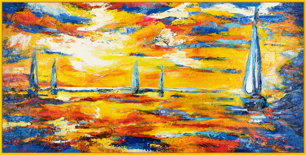 Gemälde „Regatta bei Sonnenuntergang“ horizontale Meeresszene in feurigen, sonnigen Farben.